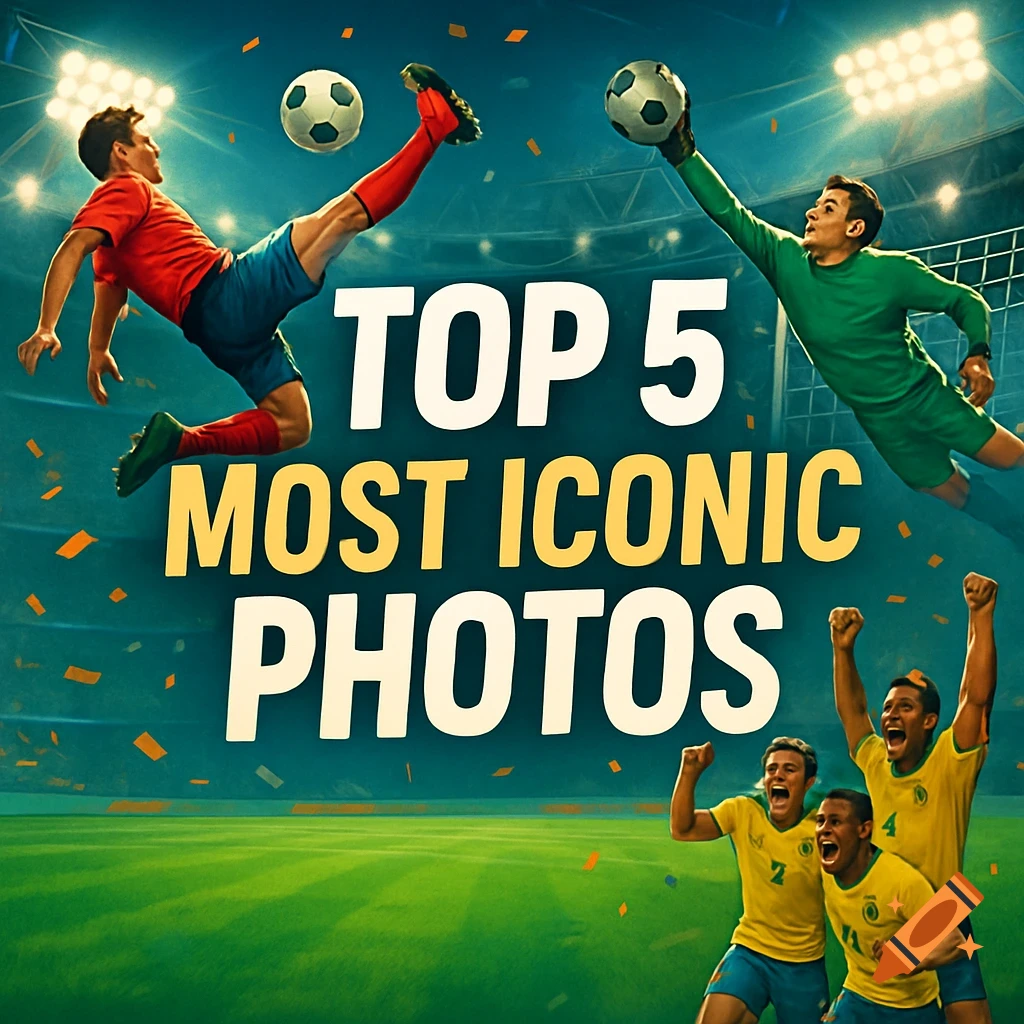 Dynamic soccer scene with two players mid-air near a ball and cheering players below. Large text 'TOP 5 MOST ICONIC PHOTOS' is overlaid.