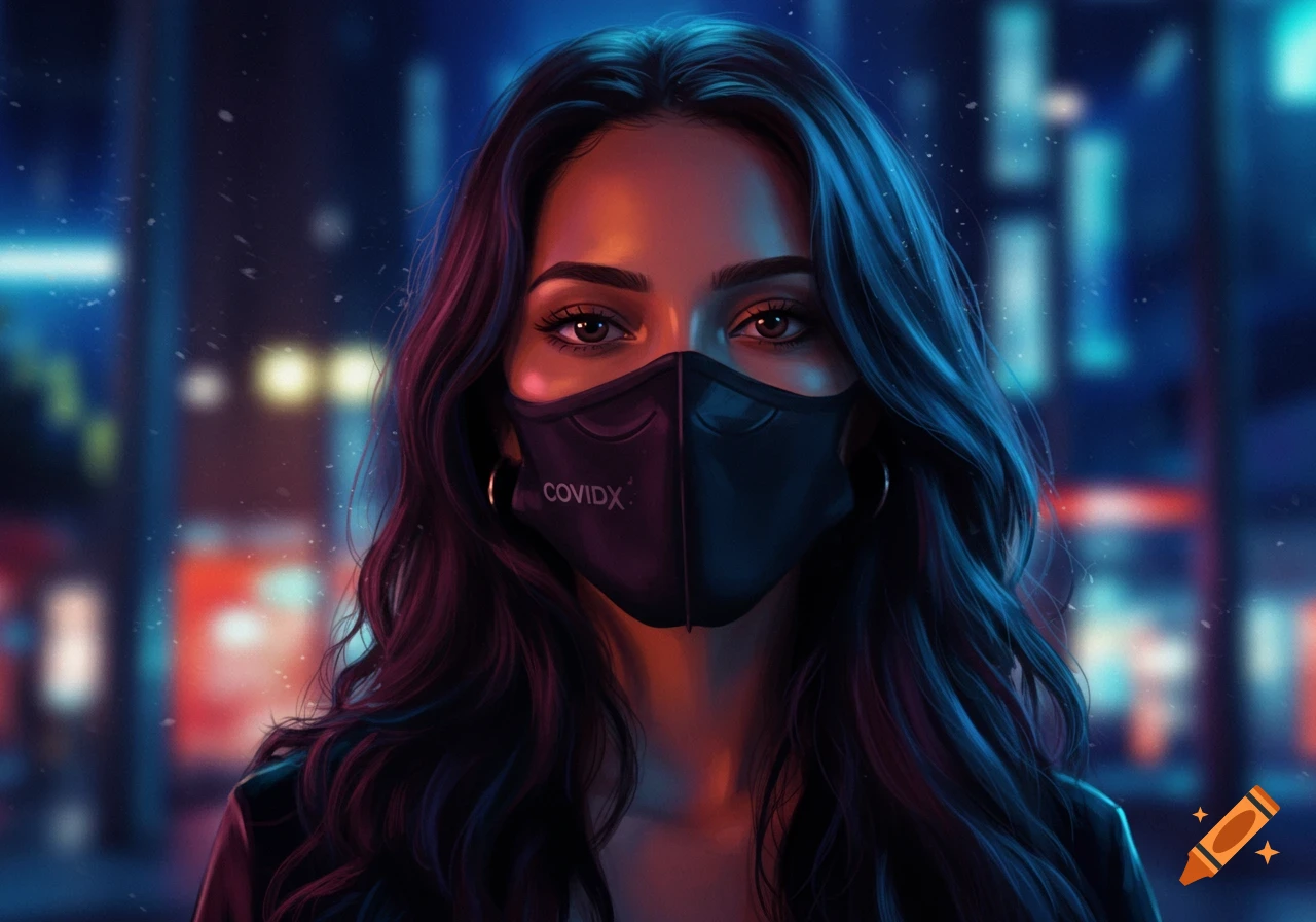 A digital art portrait of a woman with dark hair and eyes, wearing a black face mask, against a blurred neon city background.