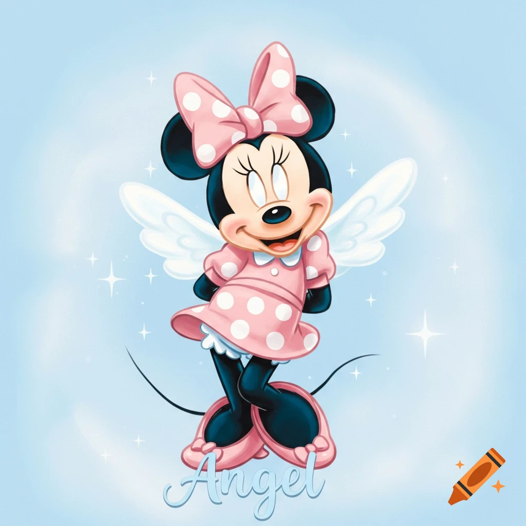 Minnie Mouse dressed as an angel with white wings and a pink polka-dot dress, smiling, with the word Angel in script at the bottom.
