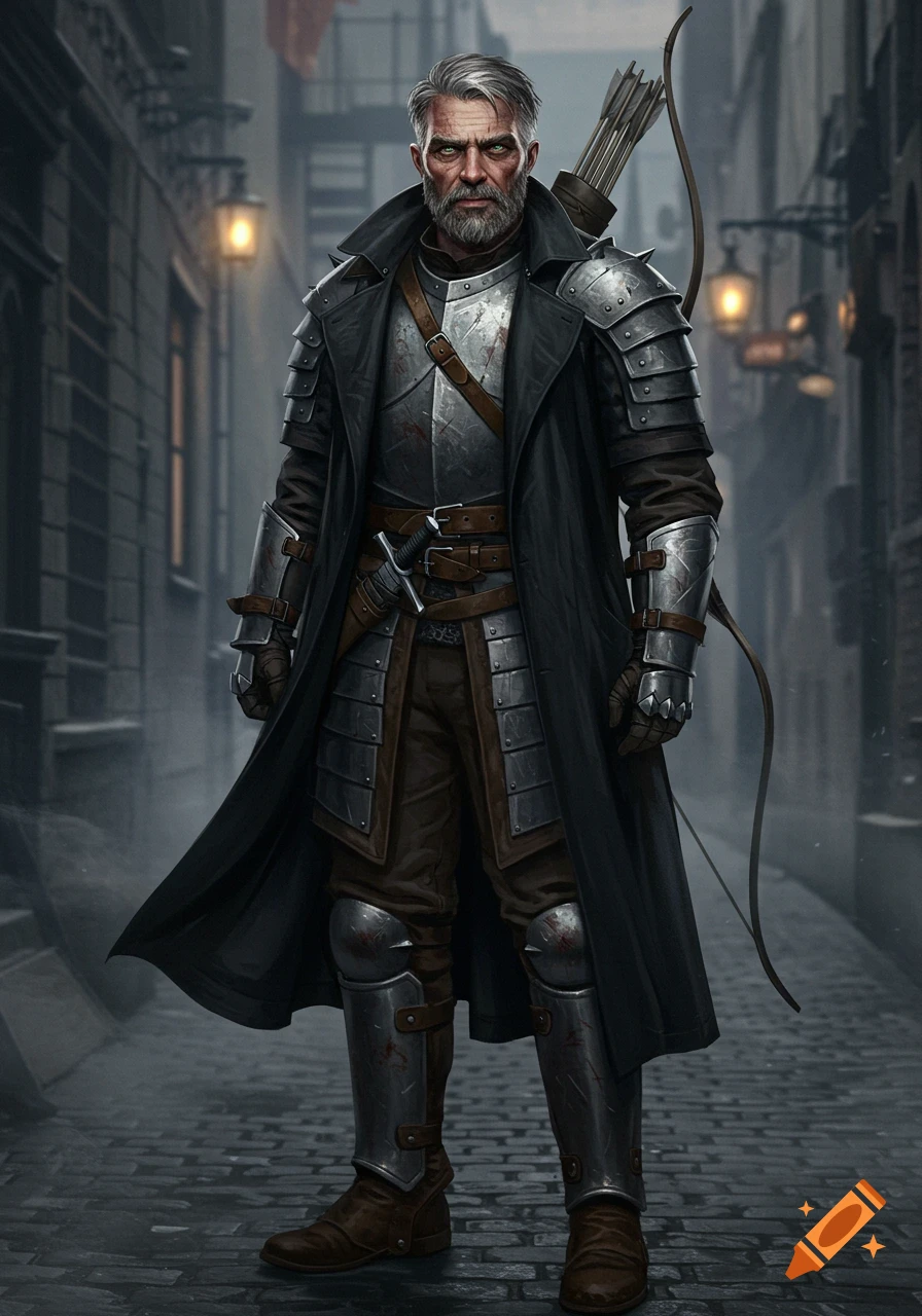 A grizzled man in studded armor and a long black trench coat stands in a dimly lit street, a bow on his back and sword at his hip.