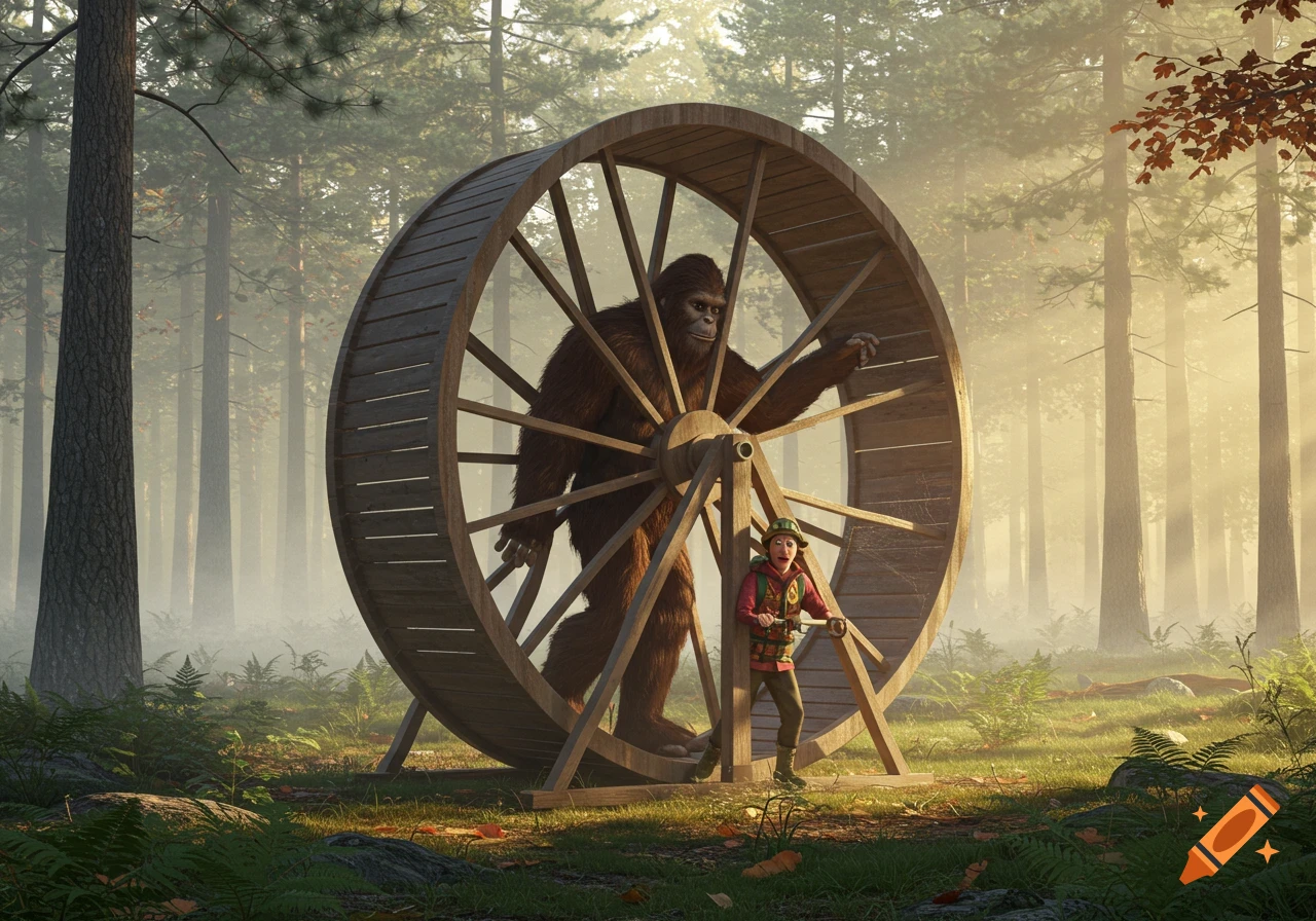 A huge Bigfoot stands inside a large wooden hamster wheel in a misty forest, next to a small human.