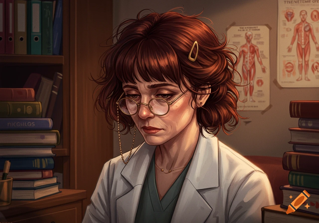 A drawing-style portrait of a tired female doctor with messy auburn hair and glasses, wearing a lab coat in a study with books and anatomy charts.
