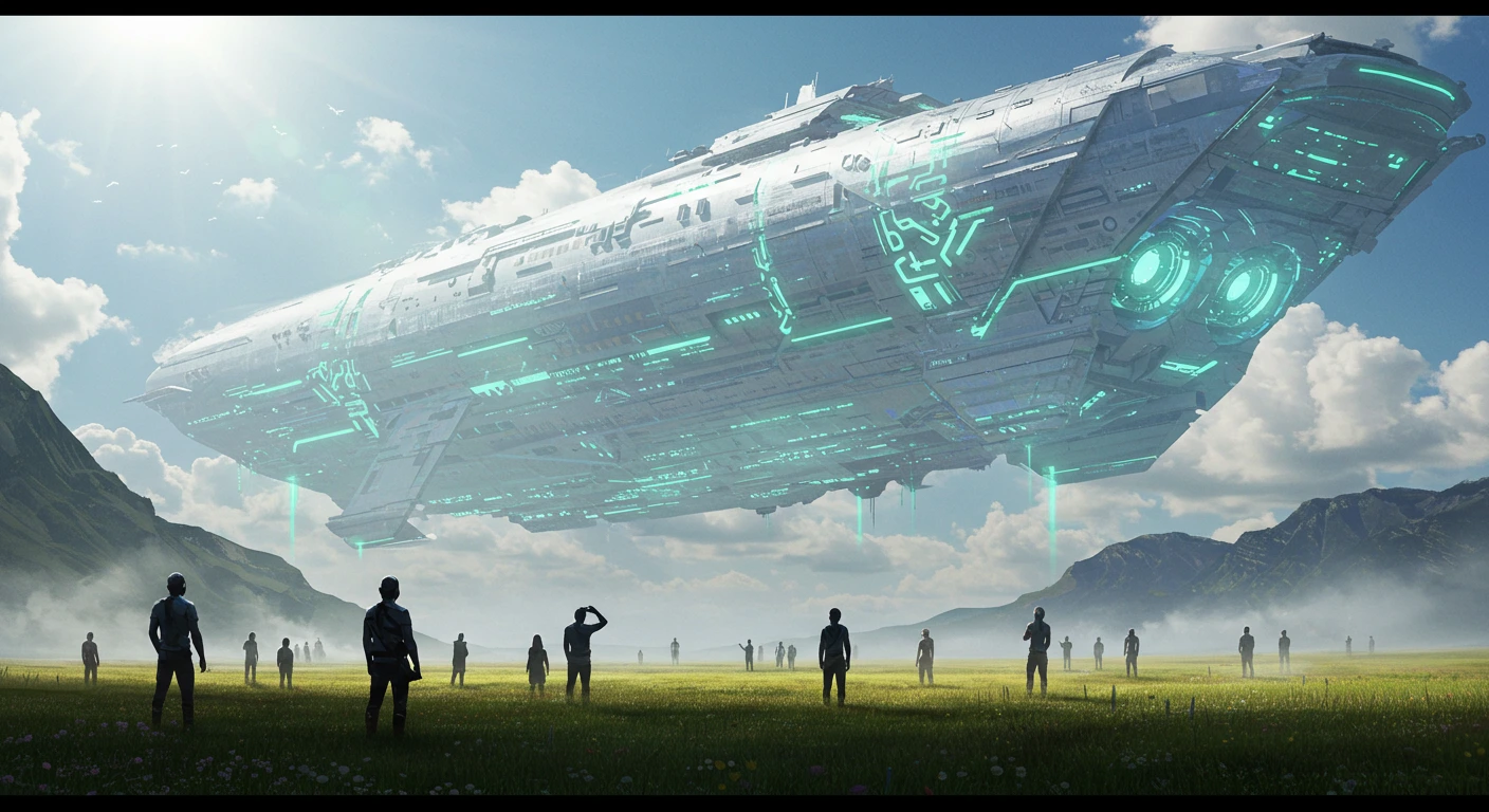 first contact scene with massive alien spaceship hovering above with awe-inspiring scale