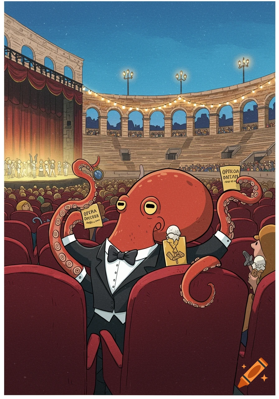 A cartoon octopus in a tuxedo sits in the audience at an outdoor opera in a large amphitheater, holding tickets and an ice cream cone.