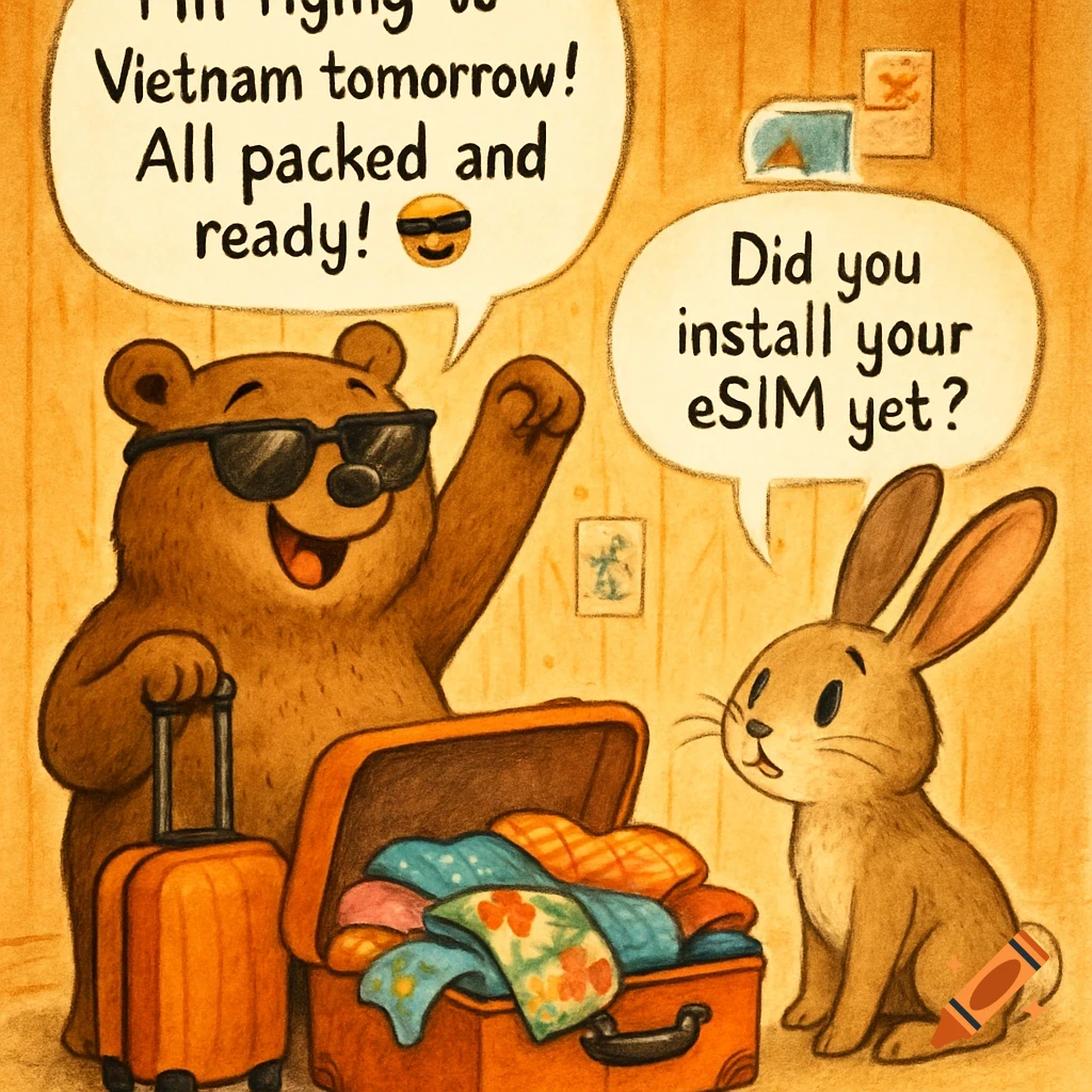 A cartoon bear in sunglasses with a suitcase and an open luggage full of clothes talks to a bunny. Speech bubbles show their conversation about flying to Vietnam and installing an eSIM.