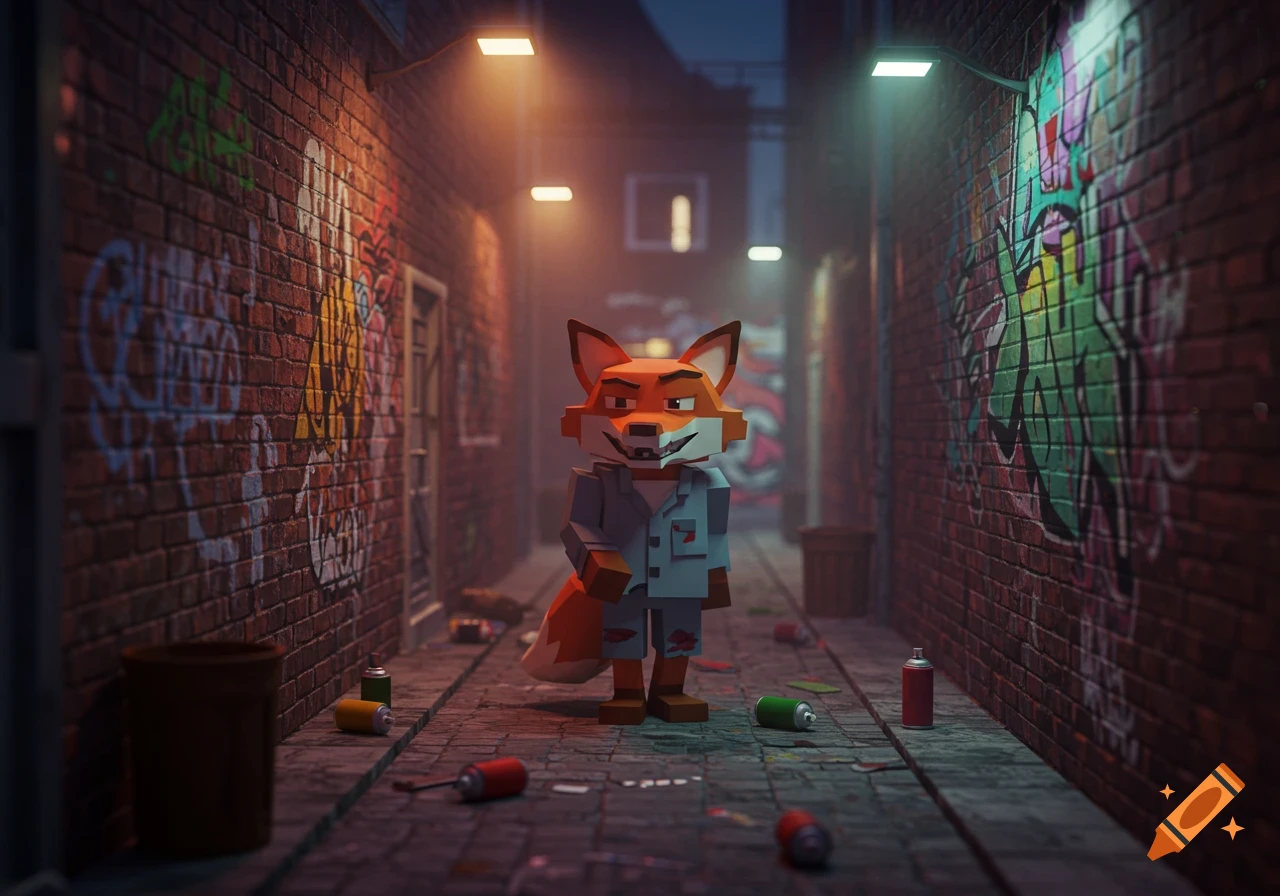 A blocky 3D fox in a dirty alley with graffiti on the brick walls, in the style of an old PlayStation game.
