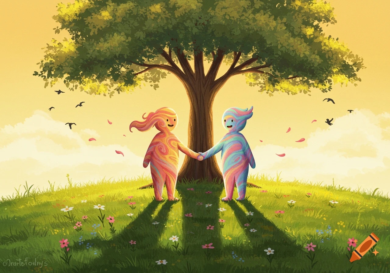 Two colorful, abstract figures hold hands under a large tree on a grassy hill with flowers, birds, and a bright sky, in an illustrative style.