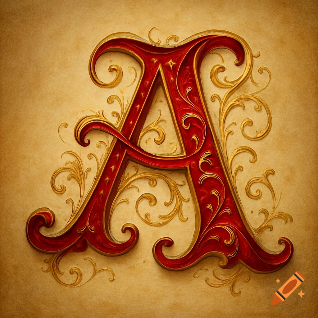 Ornate red letter A with gold scrollwork on a textured beige background.