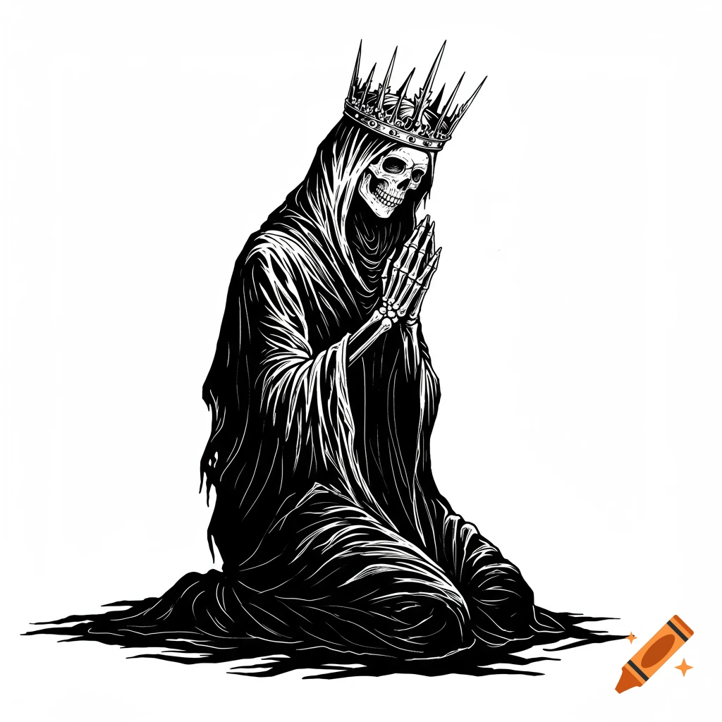 Black and white illustration of a robed skeleton figure kneeling in prayer, wearing a spiked crown.