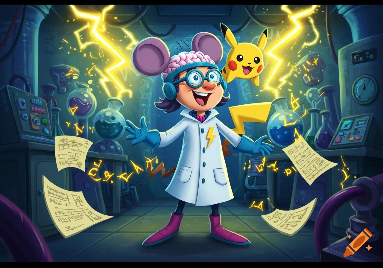 A cartoon character resembling a fusion of Doctor Two Brains and Pikachu in a lab, surrounded by lightning and scientific equipment.
