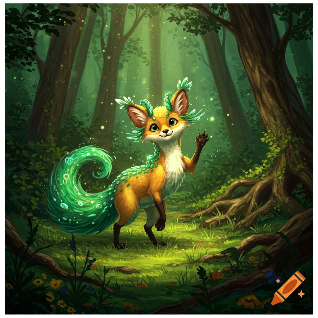 A cute, orange and green fantasy fox-like creature with a glowing, spiraled green tail waves in a magical, sun-dappled forest.