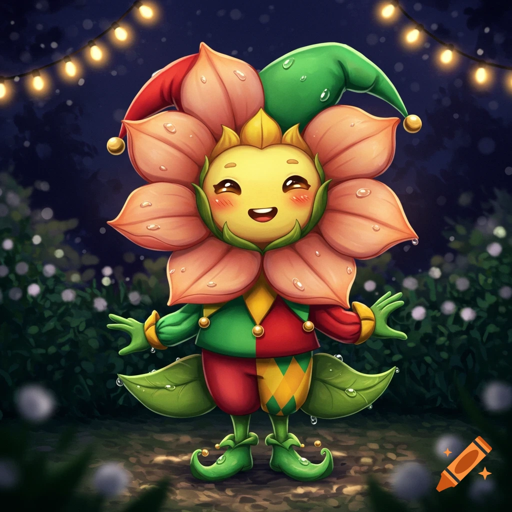 A cute anthropomorphic flower character in a red and green jester outfit stands in a garden at night with string lights.