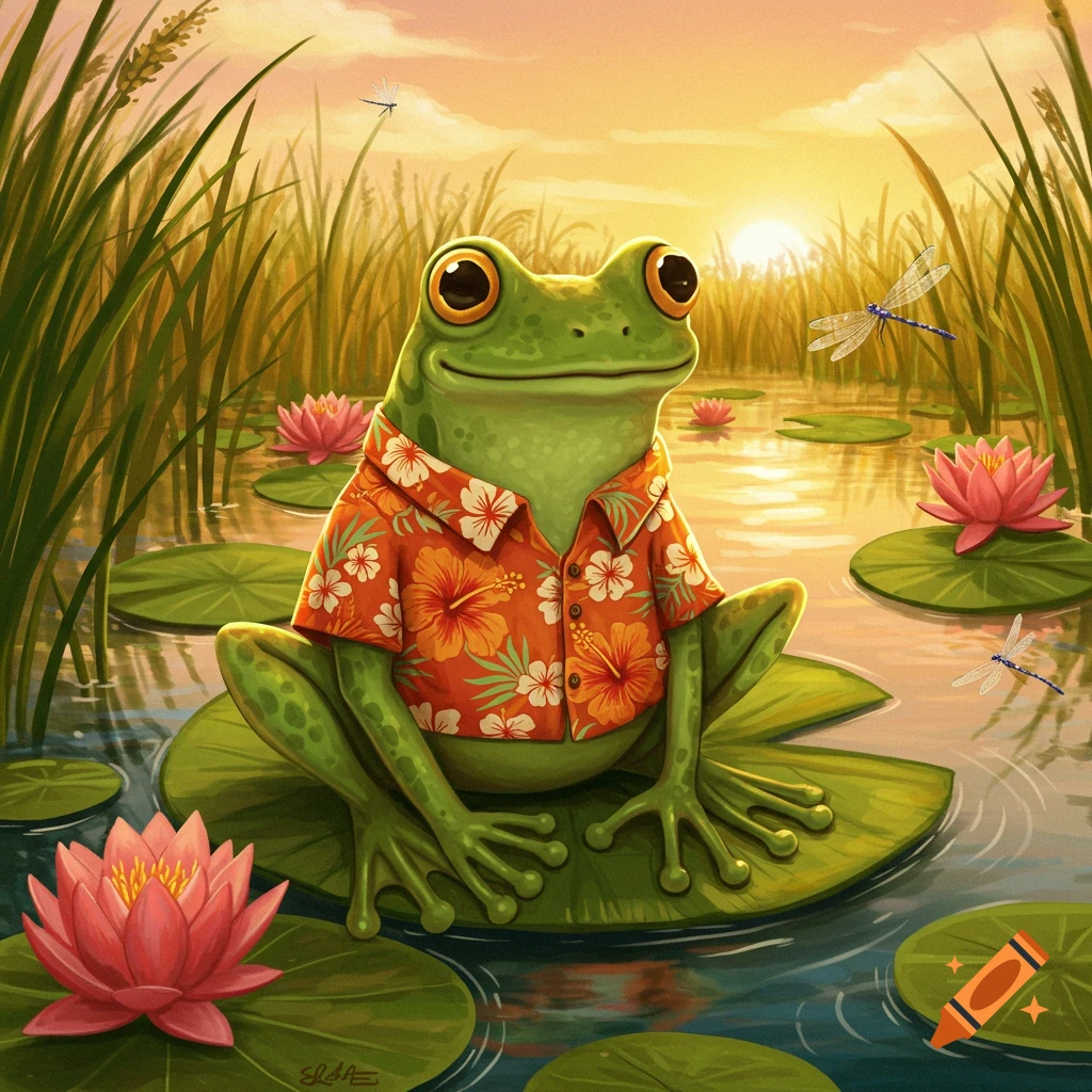 A cartoon frog wearing an orange Hawaiian shirt sits on a lily pad in a pond at sunset, surrounded by pink lotus flowers and dragonflies.