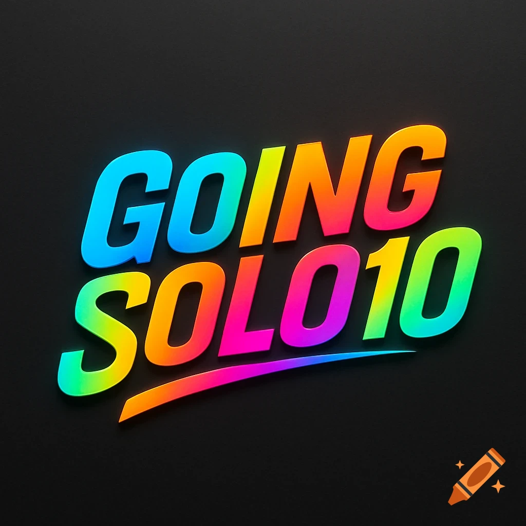 A colorful 3D render of the text 'GOING SOLO10' with a subtle shadow on a dark background.