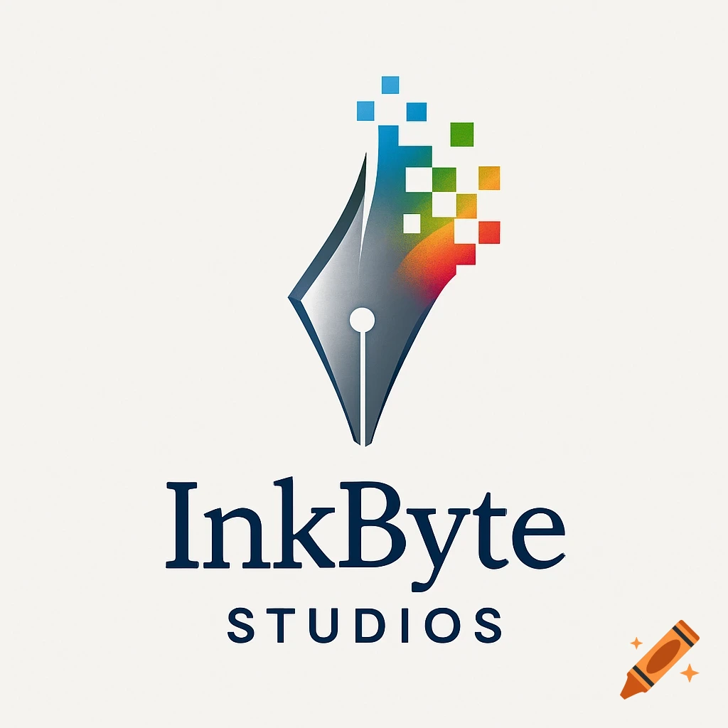 A logo with a silver ink pen nib transitioning into colorful digital pixels, with 'InkByte STUDIOS' text below.