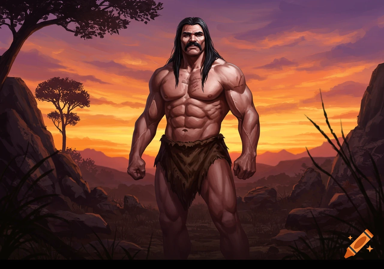 A muscular caveman with a mustache and long hair, wearing a loincloth, stands in a rocky, prehistoric landscape at sunset.