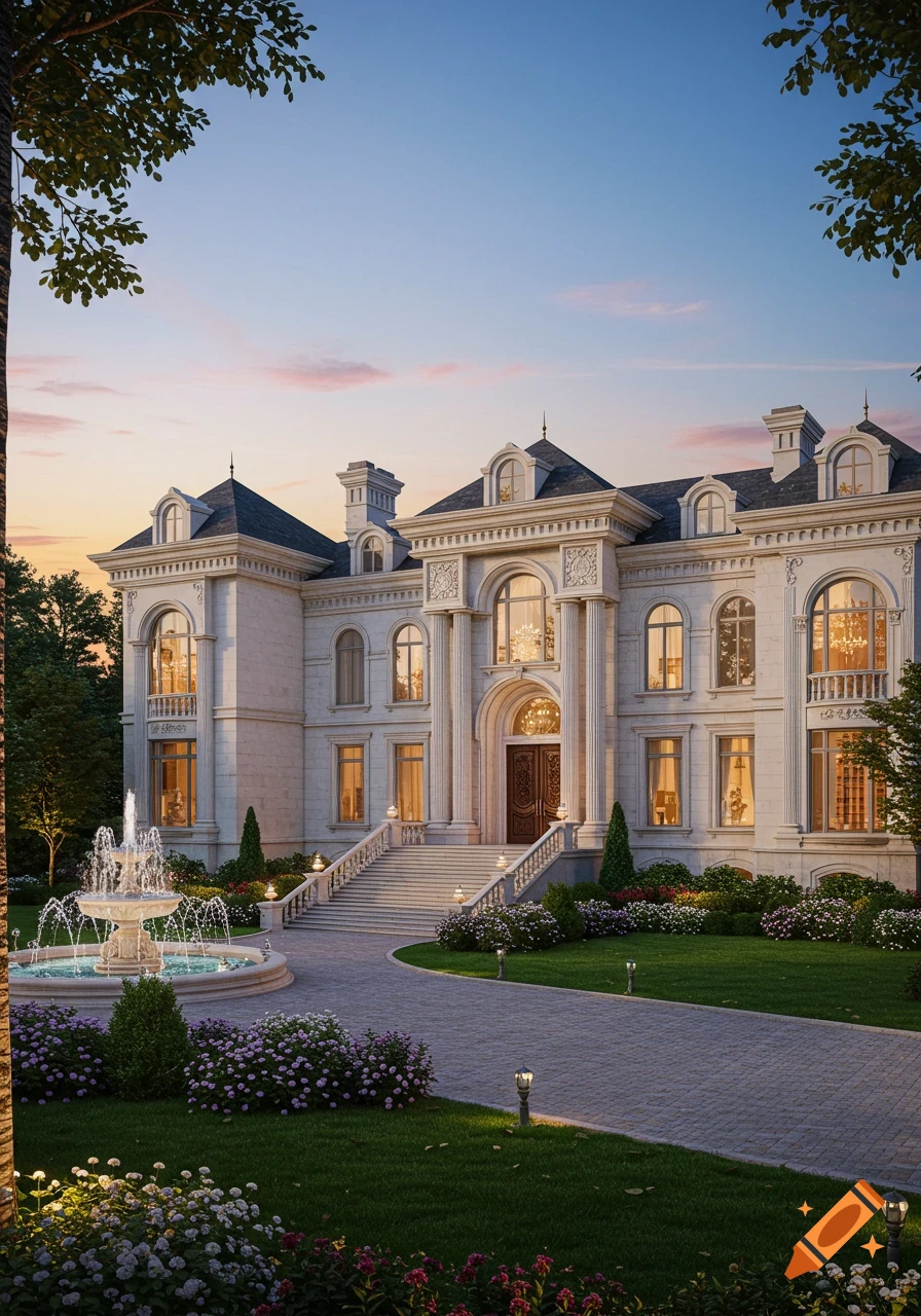 A grand, luxurious mansion with a large entrance, a fountain, and landscaped gardens at twilight.