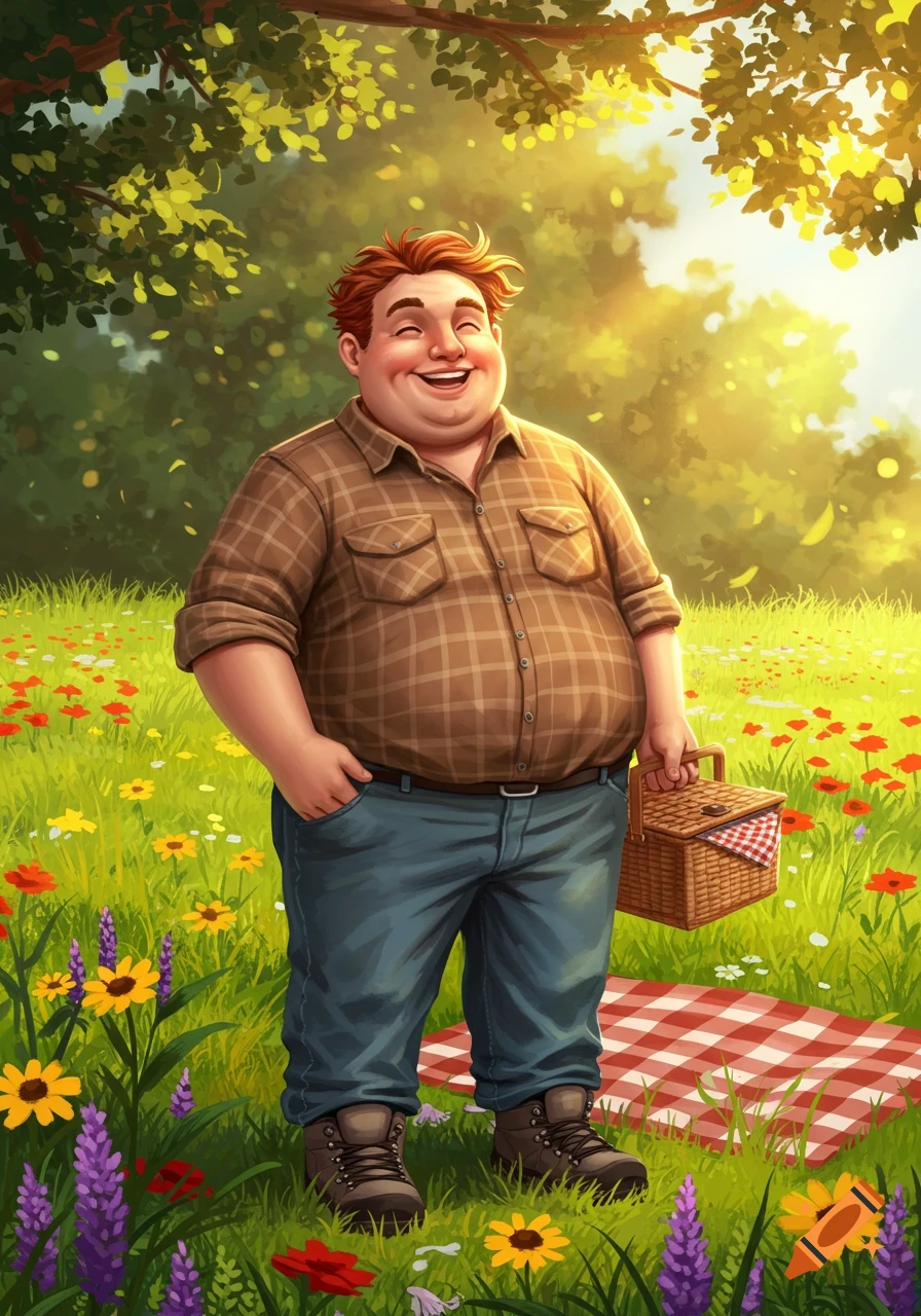 A smiling, plump man with red hair stands in a sunny meadow with flowers, holding a picnic basket next to a checkered blanket. Illustrated style.