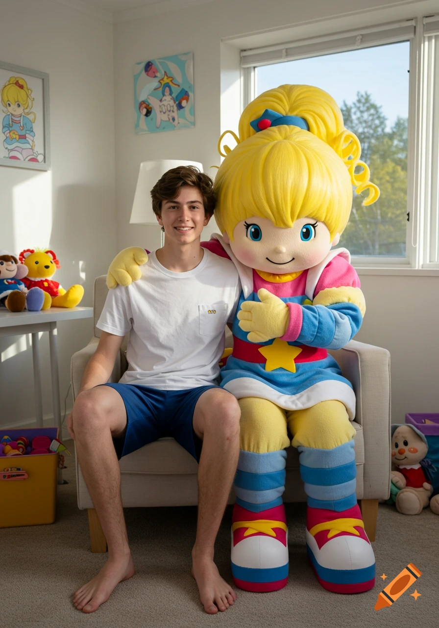 A teenage boy in a white t-shirt and blue shorts, barefoot, sits in an armchair next to a large Rainbow Brite mascot in a bright room.