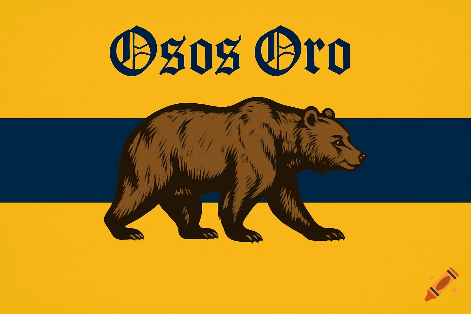 An illustration of a flag with a brown bear walking over a blue stripe on a yellow background, with 'Osos Oro' in blackletter font.
