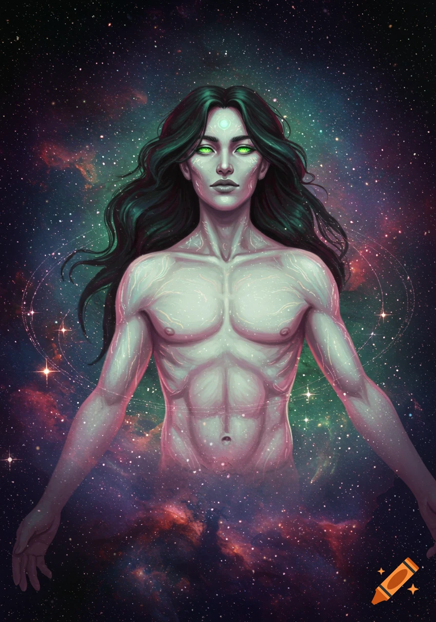 An ethereal cosmic humanoid figure with dark green hair and glowing green eyes, emerging from a vibrant galaxy and starry nebula.