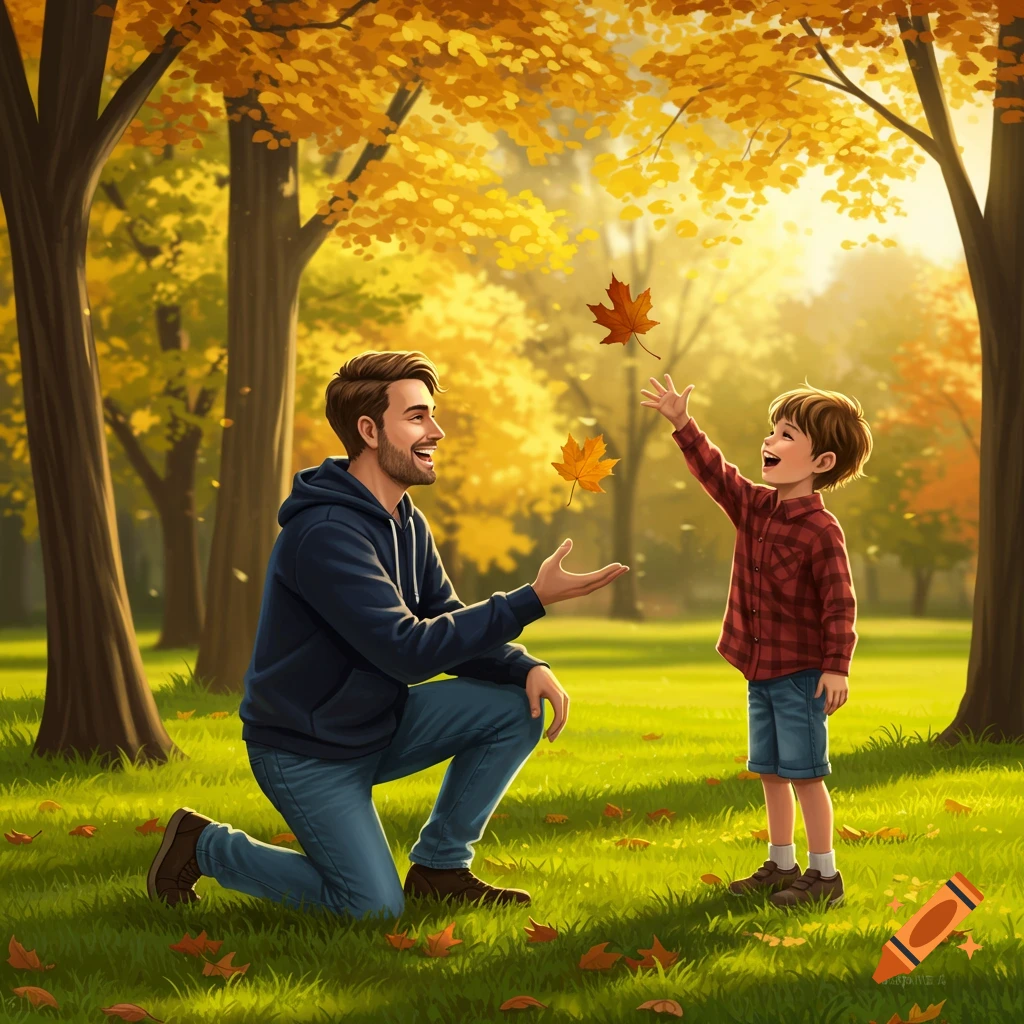 A father and son play in a vibrant autumn park, joyfully tossing golden leaves under sunlit trees.