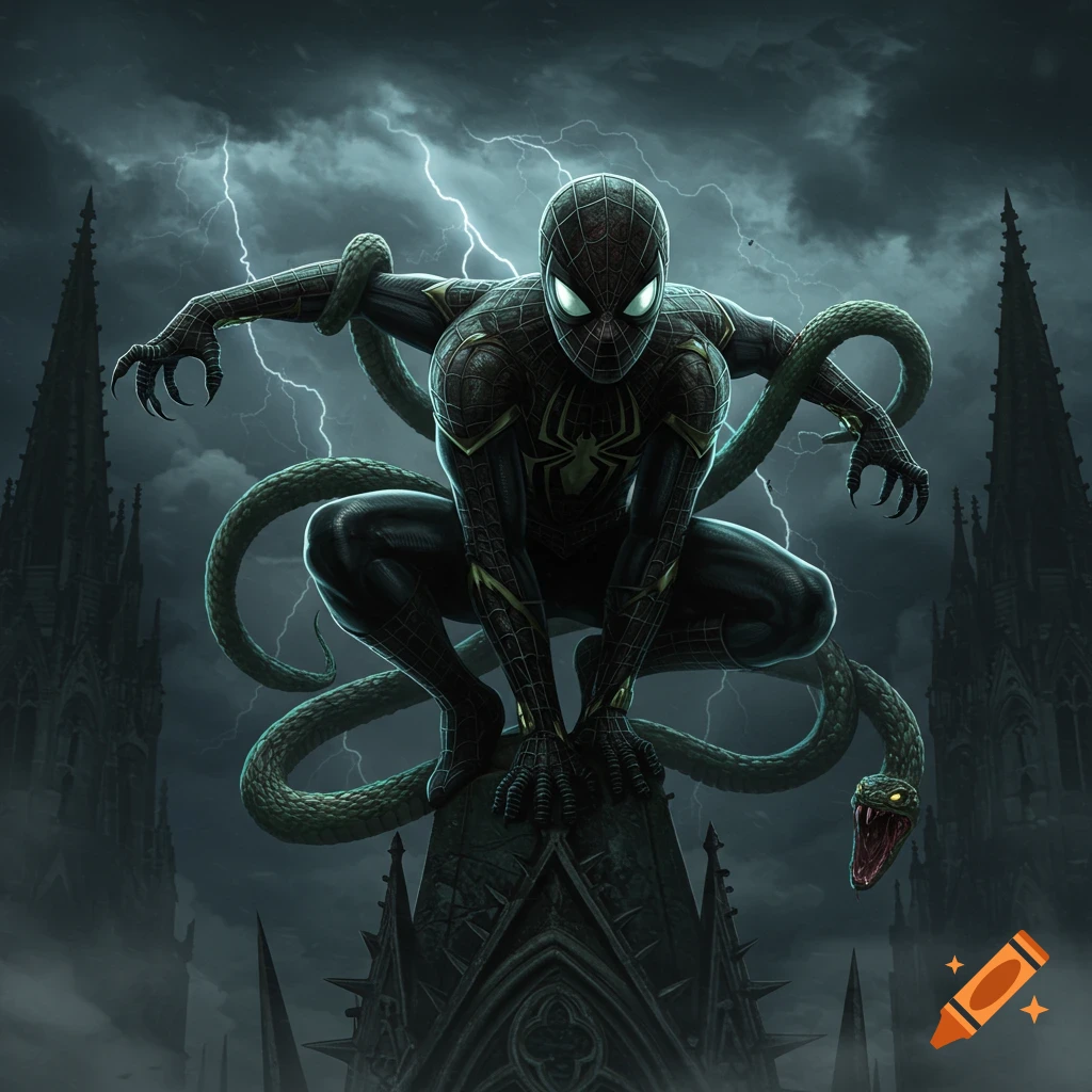 Dark, gothic Spider-Man crouches on a spire, wrapped in a venomous green snake under a stormy, lightning-filled sky.