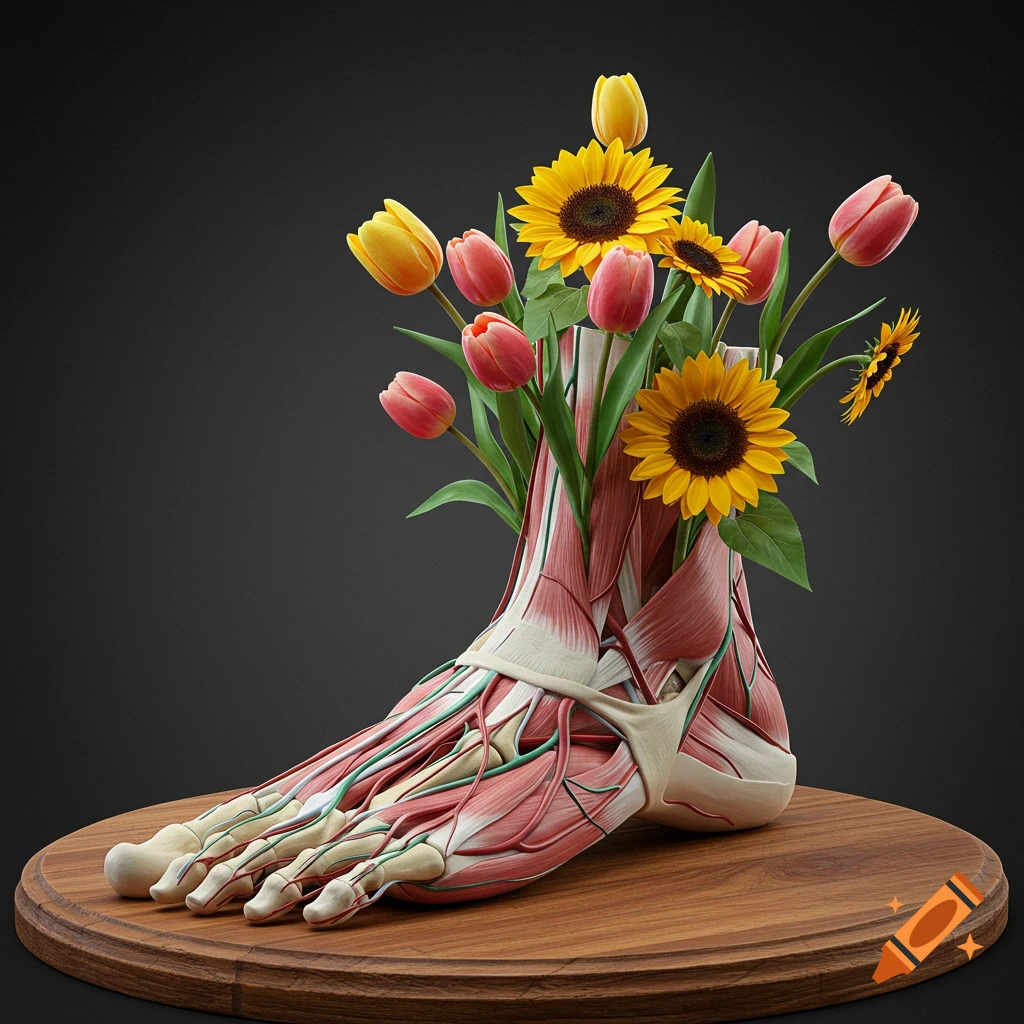Photorealistic anatomical human foot with exposed muscles and bones, with tulips and sunflowers growing from it, on a wooden base.