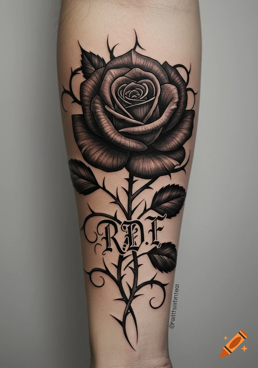 A detailed black and grey tattoo of a rose with thorns and the initials R.D.F. on a forearm.