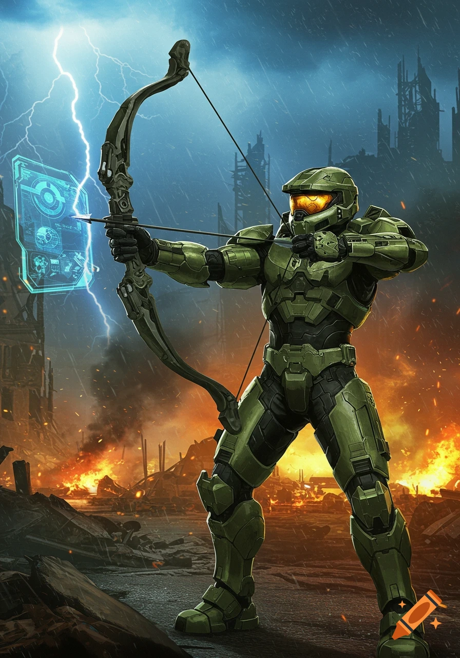 Master Chief in green armor aiming a bow and arrow in a ruined city under a lightning storm, digital art.