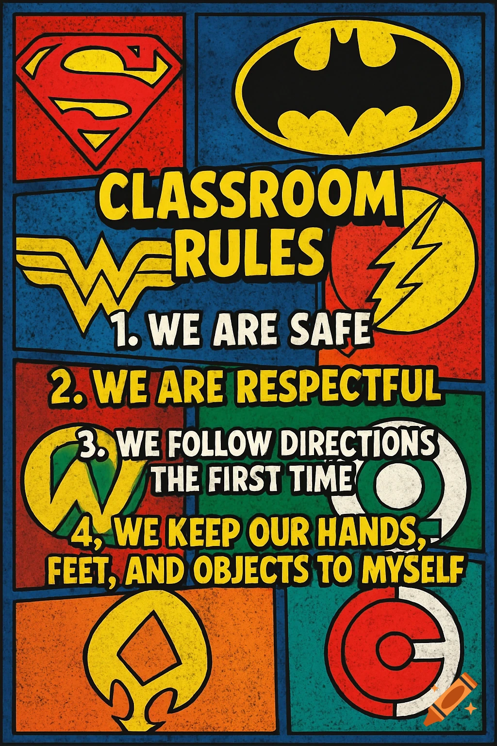 A colorful classroom rules poster in comic book style with DC Comics superhero symbols and bold text.