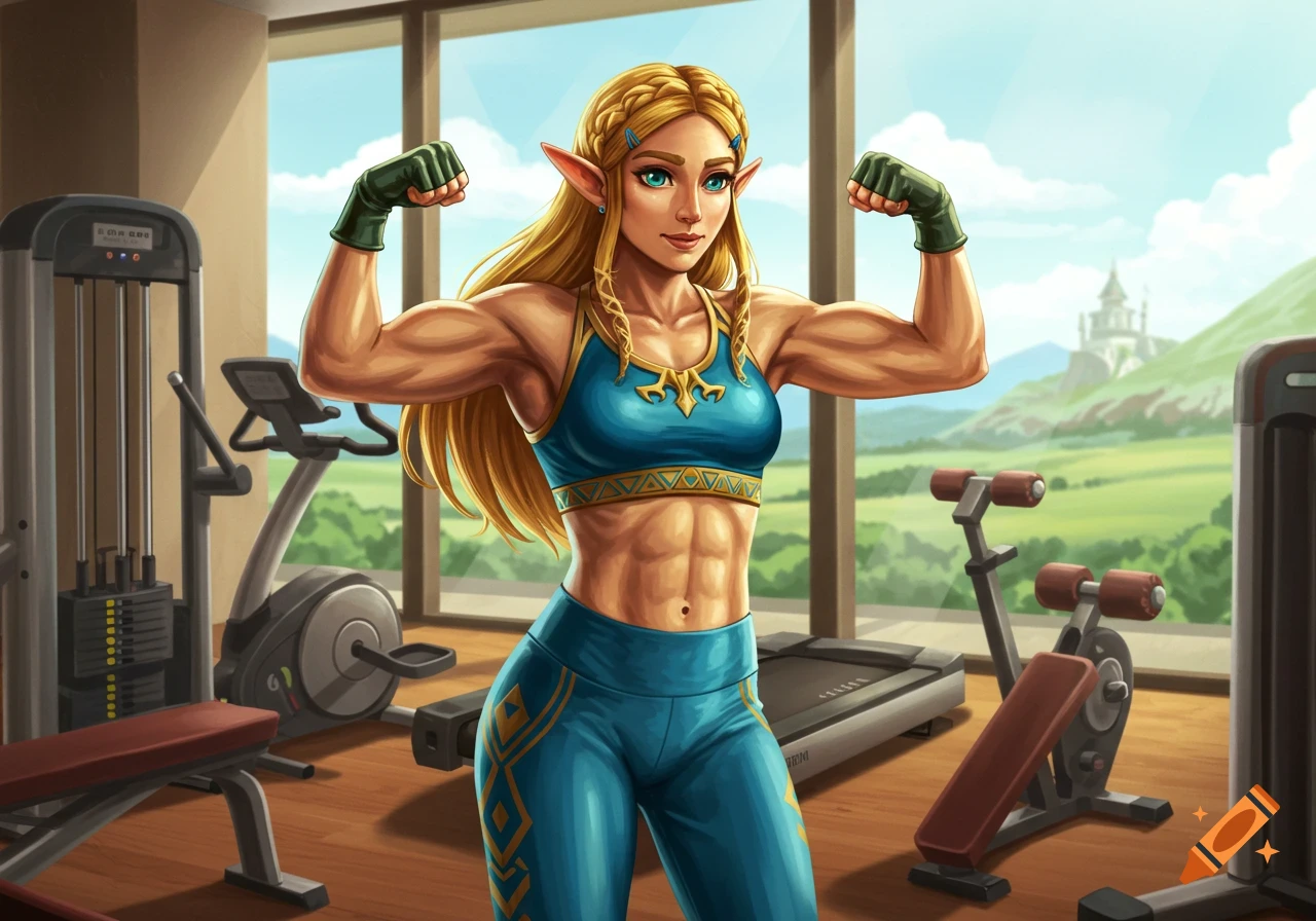Muscular Princess Zelda in a sports bra and leggings flexes her biceps at a gym, with exercise equipment and a castle visible through a large window.