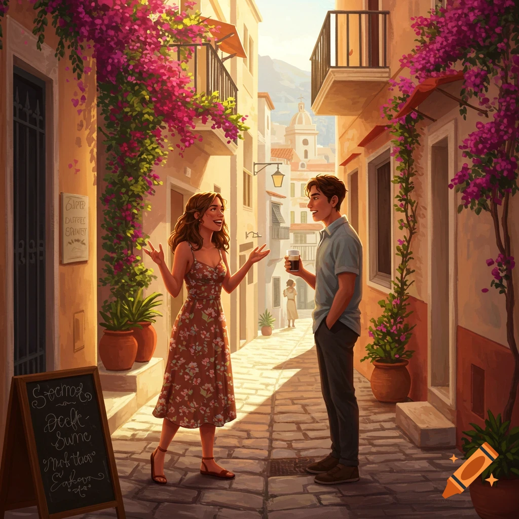 Two people talking in a sun-drenched European alleyway adorned with vibrant pink bougainvillea.