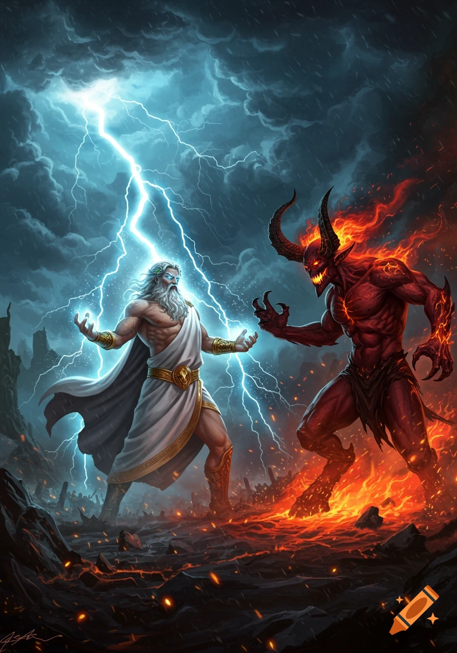 Zeus, surrounded by lightning, battles a fiery red demon with horns and claws in a desolate, stormy landscape.