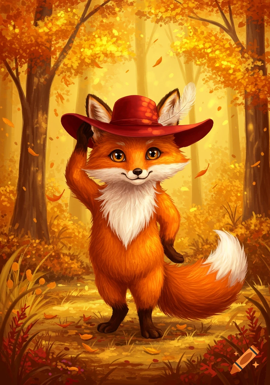 A cute, cartoon-style anthropomorphic fox wearing a red hat stands in a vibrant autumn forest with golden leaves.