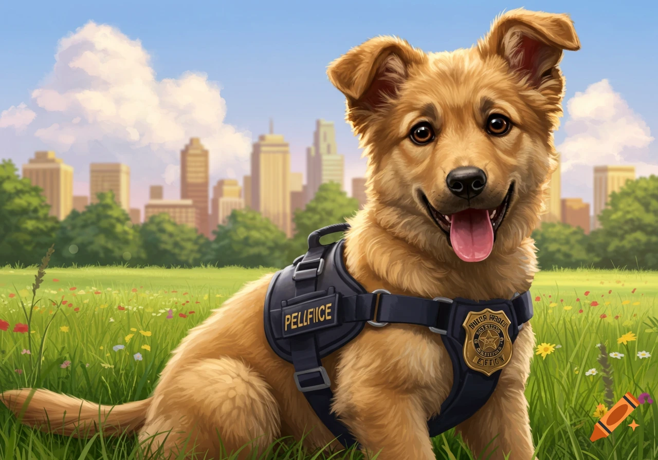 A happy golden shepherd puppy in a dark police harness sits in a green field with wildflowers, city buildings in the background.