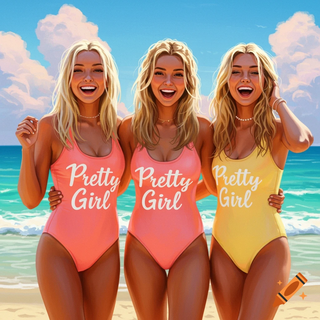 Three smiling women with blonde hair stand on a beach in pink and yellow swimsuits that say 'Pretty Girl', with the ocean and blue sky in the background.