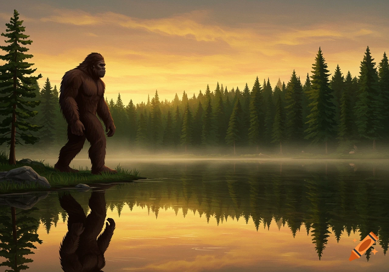A large, furry Bigfoot stands on the grassy edge of a misty lake at sunset, surrounded by a dense pine forest. Digital art.