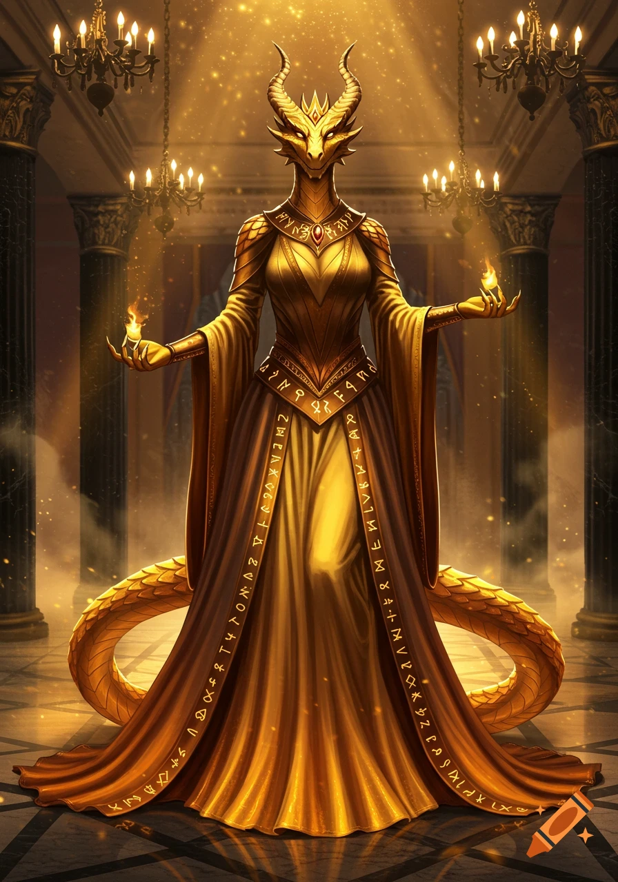 A golden female dragonborn in an ornate gold gown stands in a grand hall, holding flames in her hands.