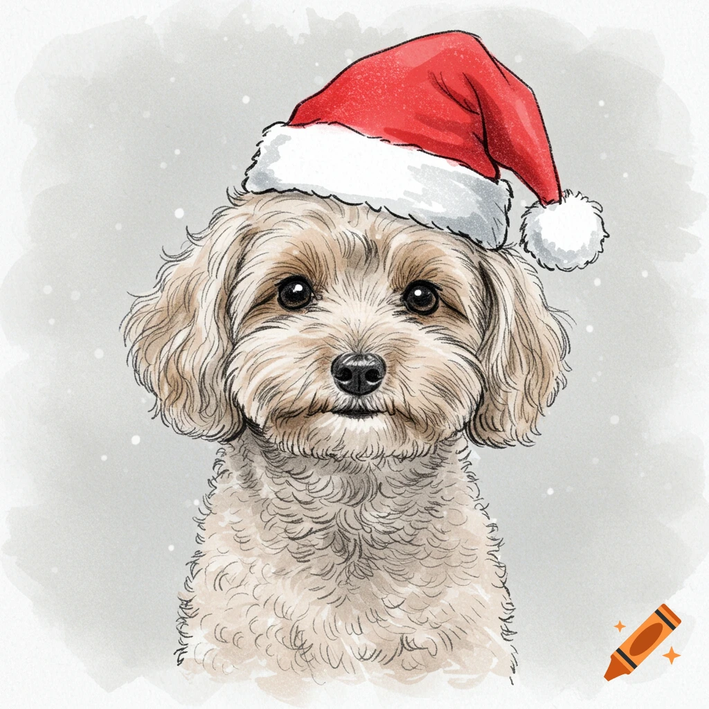 A cute cockapoo dog wearing a red Santa hat, depicted in a watercolor sketch style.