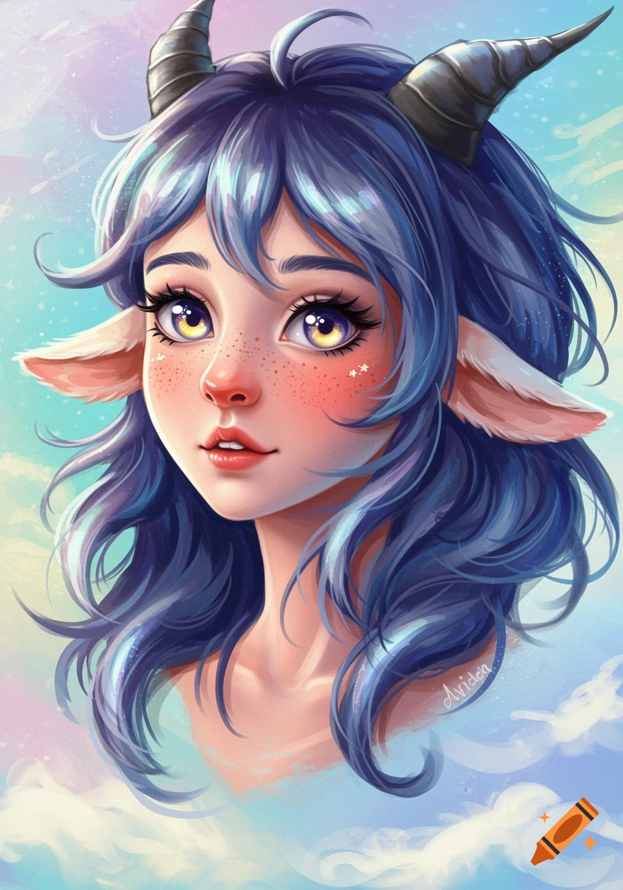 Anime-style portrait of a girl with blue hair, goat horns, and ears, against a cloudy sky background.