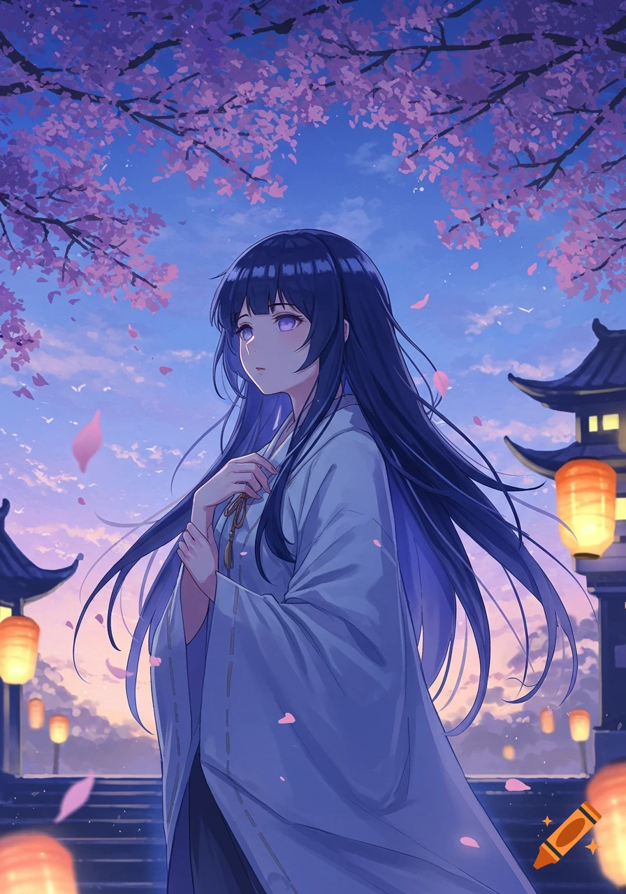 Anime girl in traditional white robes standing under cherry blossoms at dusk, with lanterns and temples in the background.
