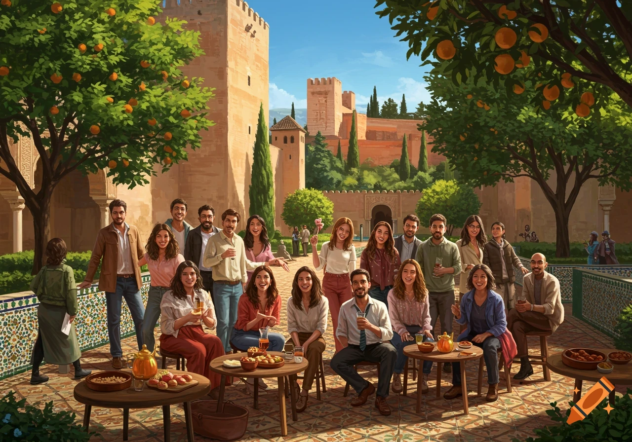 A large group of people pose for a photo in a sunny, ornate garden courtyard with large, ancient-looking buildings in the background and orange trees overhead.