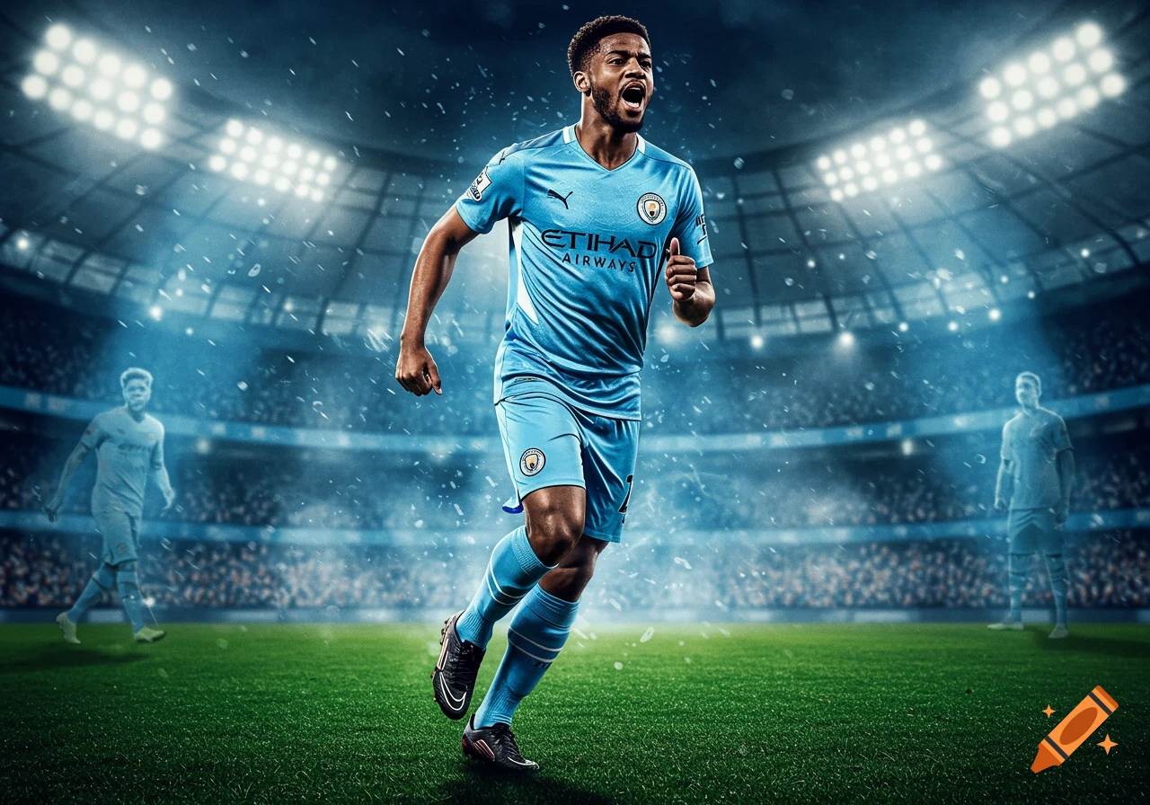 A male soccer player in a light blue kit runs on a stadium field under bright lights, yelling with intensity.