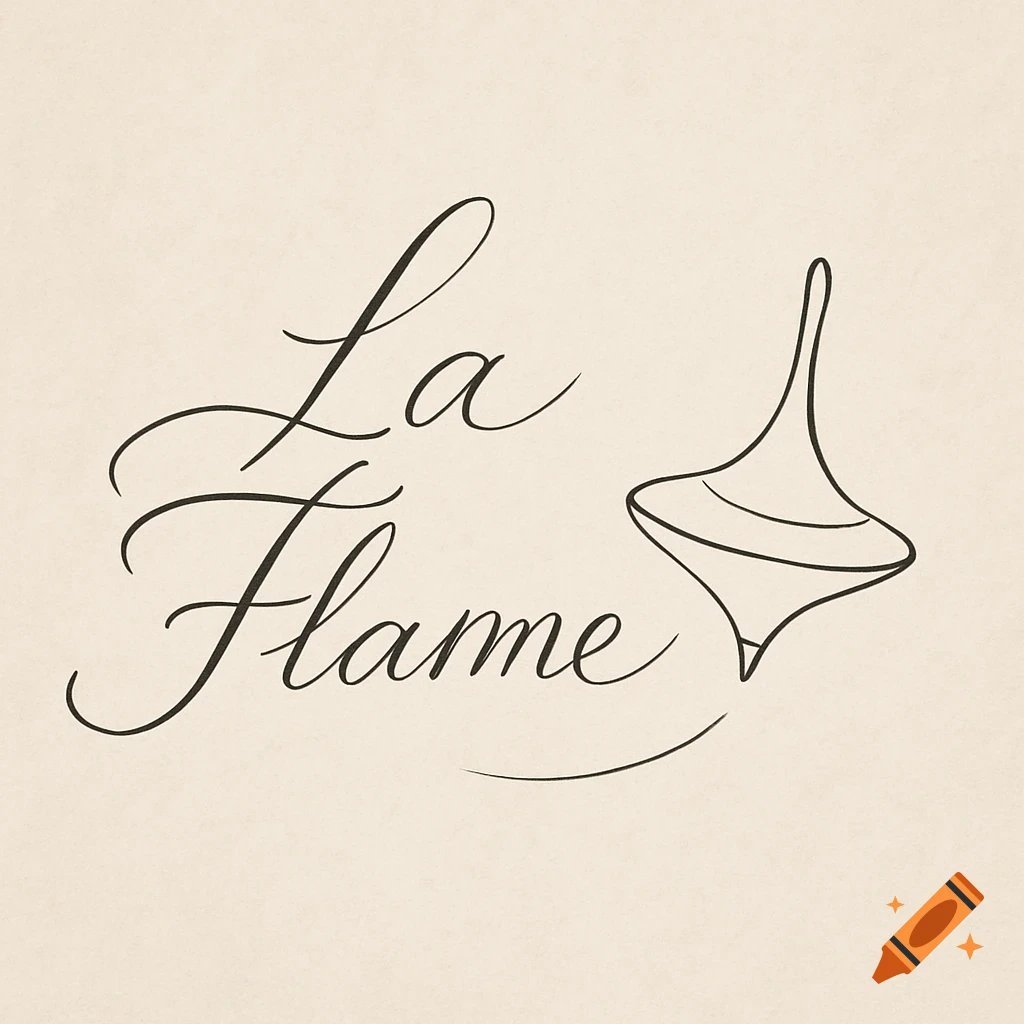 Black script text 'La Flame' and a spinning top outline on a beige background.