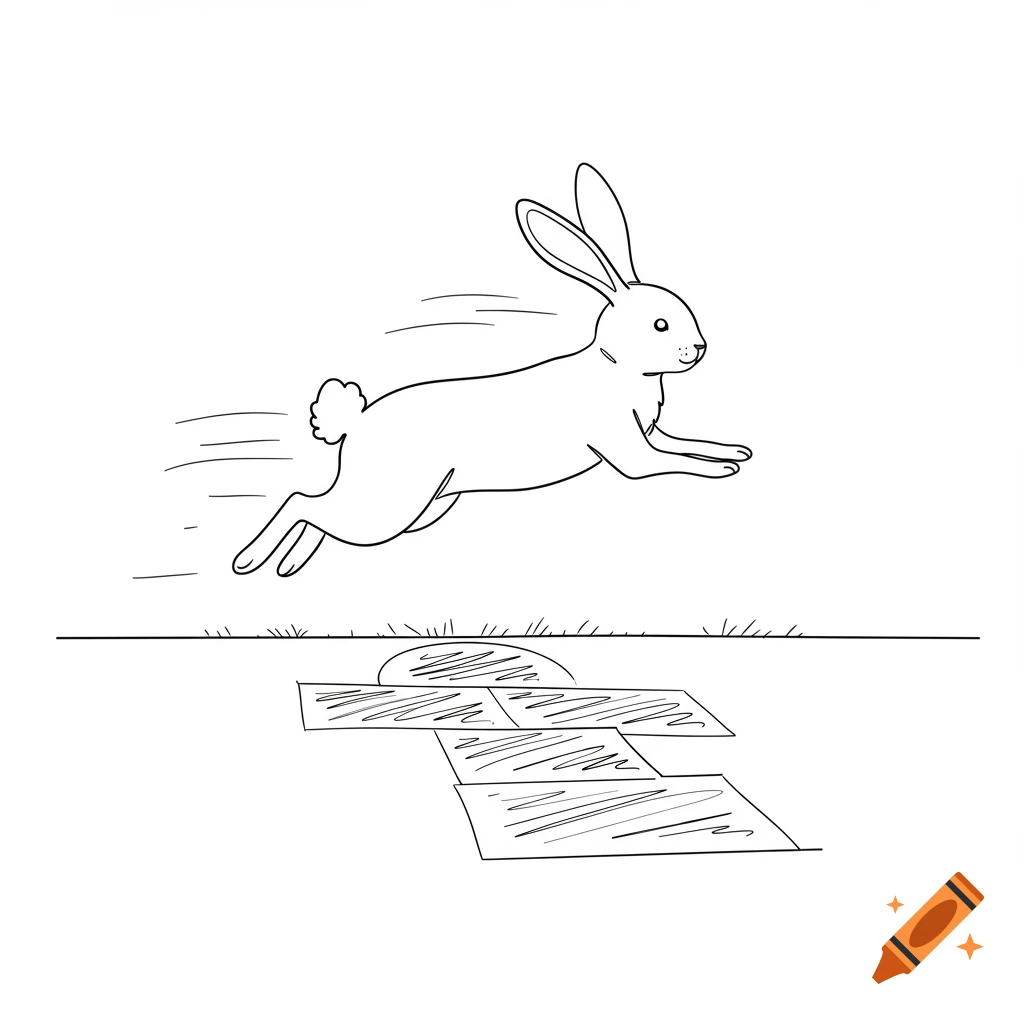 A line drawing of a bunny leaping over hopscotch squares with motion lines.