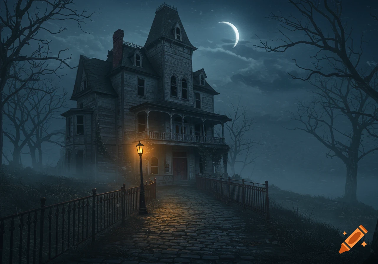 A spooky, old mansion on a foggy hill at night, illuminated by a lamppost on a cobblestone path, with a crescent moon in the sky.