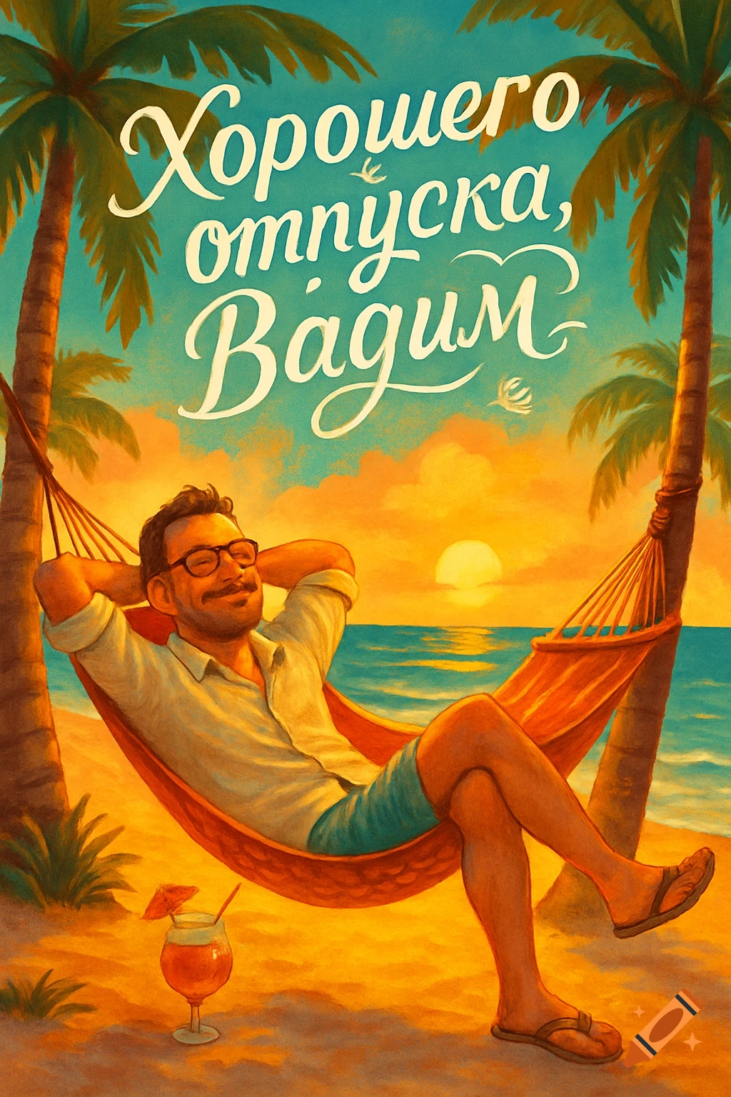 Illustration of a man in a hammock on a tropical beach at sunset with text ' Хорошего отпуска, Вадим'.