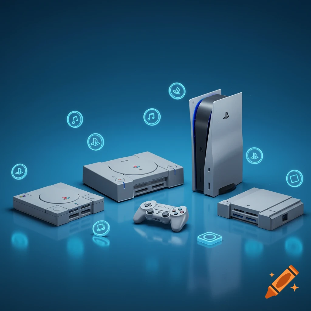 A collection of PlayStation consoles, including PS1, PS2, and PS5, with a controller, on a blue reflective surface surrounded by glowing icons.