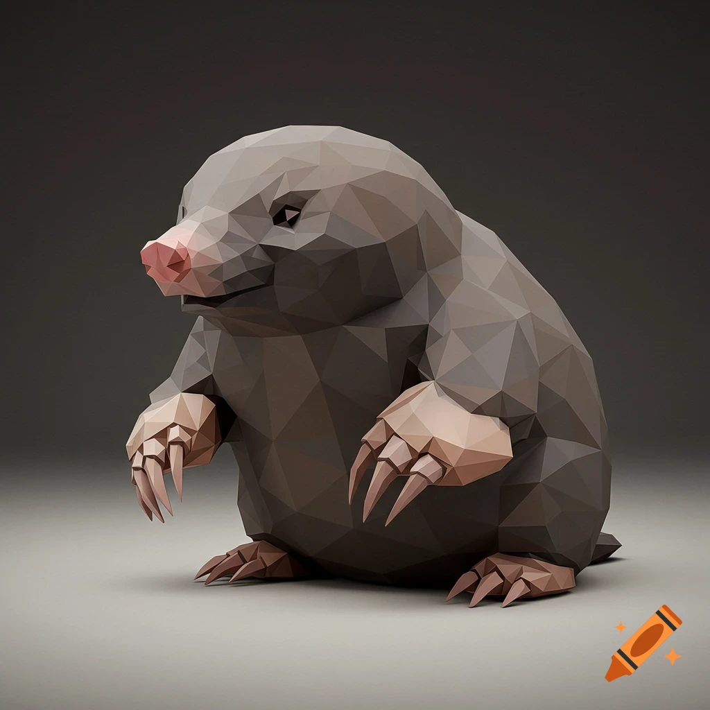 A low-poly 3D render of a brown mole with a pink snout and large claws, standing on a light grey surface against a dark grey background.